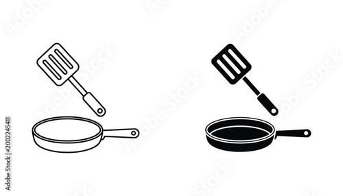 Cooking pan and spatula kitchen utensil icon set featuring a frying pan and flipper in outline and solid black styles for culinary and restaurant branding