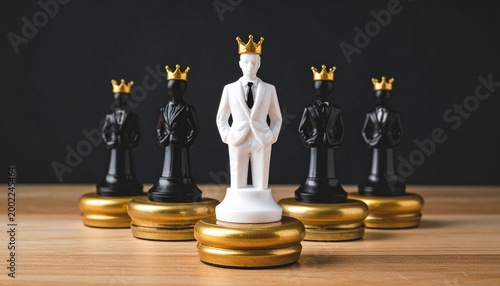 White Businessman Figurine Standing Among Chess Queens Symbolizing Leadership and Strategy