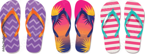 Colorful Flip Flops Set with Summer Patterns, Beach Sandals Collection for Vacation and Seaside Holiday