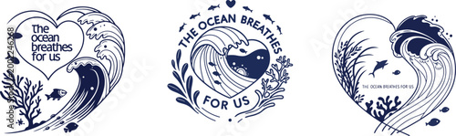 Nautical Ocean Waves and Marine Life Illustrations with Environmental Quote