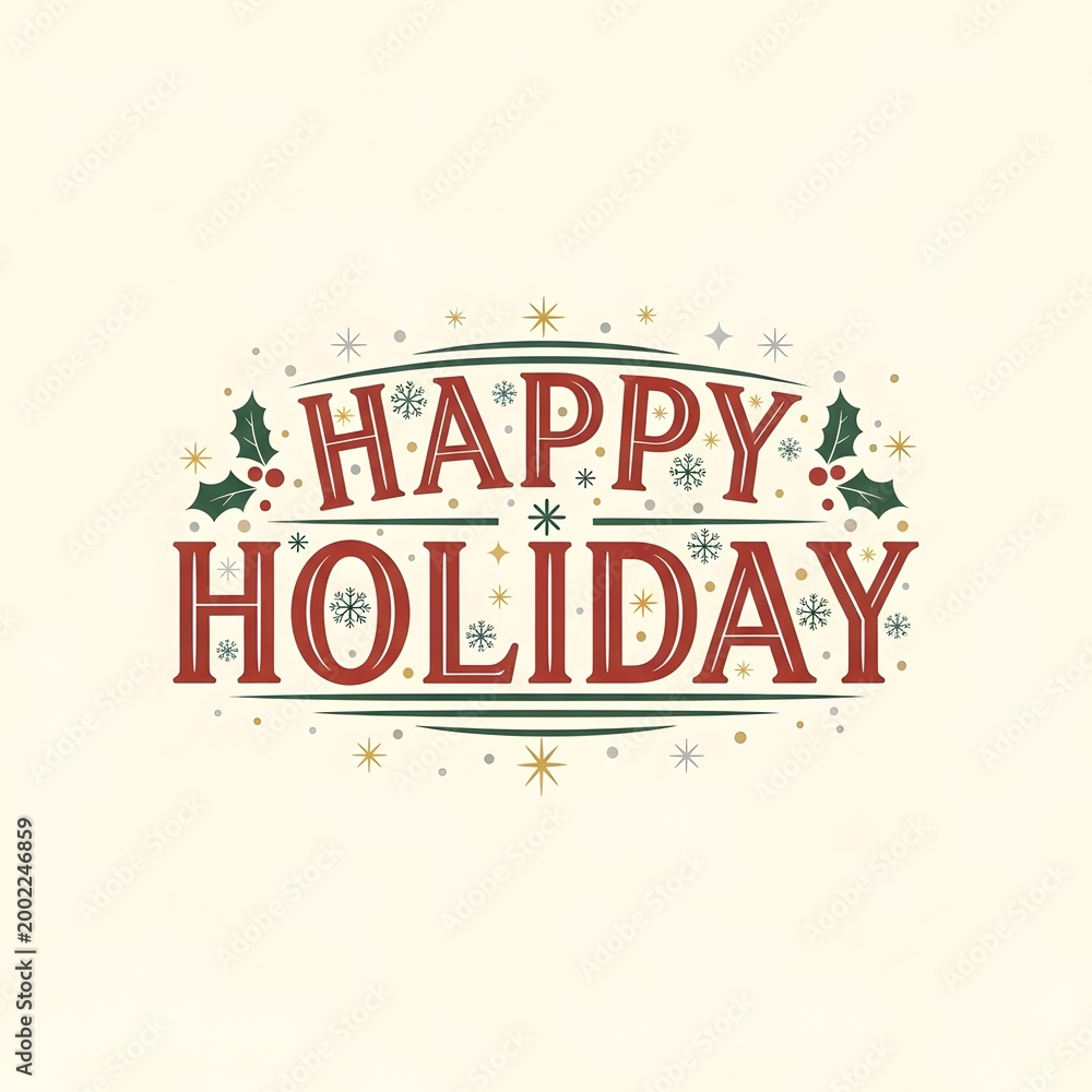 Obraz premium Happy Holiday text with festive decorations and snowflakes