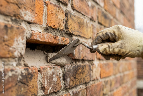 Mason Repairing Red Brick Wall with Mortar and Trowel at Construction Site