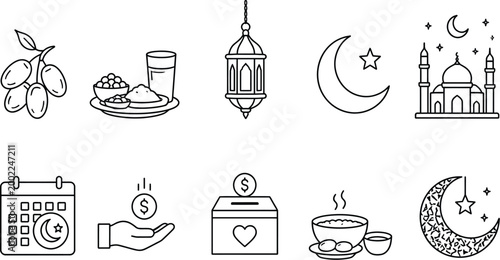 Ramadan Islamic line icons set with food, mosque, crescent and charity