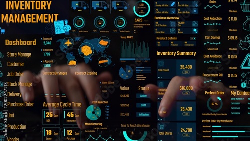 Fotografia Inventory management dashboard showing supply chain performance, stock levels, order cycle times, cost reduction, and procurement ROI