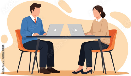 Two people sitting at a desk with laptops working together flat illustration flat design remote work distance learning business collaboration teamwork technology computers discussion