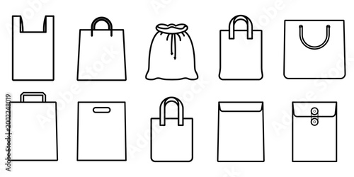 Shopping bag outline icon set, retail and commerce packaging technical sketch