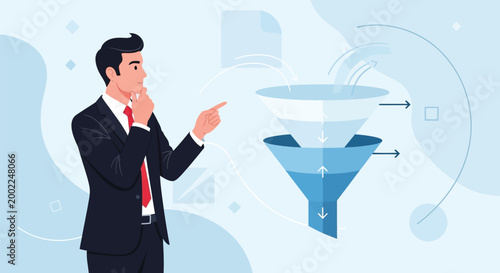 Man analyzing data flow in a funnel concept with analyzing business filtration strategy marketing information analysis selection customer conversion optimization performance statistics