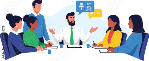 Diverse business team in meeting discussing ideas with speech bubbles flat design business discussion collaboration strategy brainstorming communication corporate professional planning
