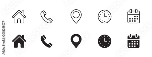 Interface Icon Set Vector Illustration, phone receiver home location pin clock calendar contact navigation scheduling concept, clean modern UI design element