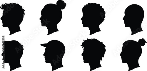 Male hairstyle silhouette profile set with modern haircuts, Men head side view barber style icons, Hair fashion profile collection