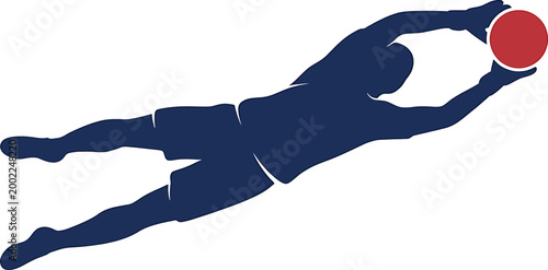 A blue silhouette of a man diving to catch a red ball