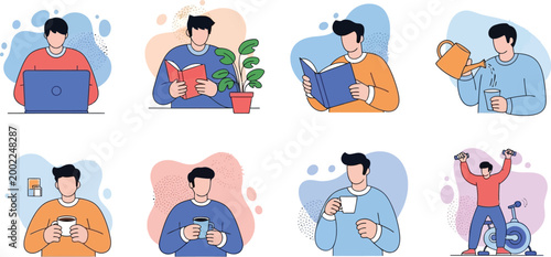 Collection of diverse individuals performing leisure and work activities with laptops and beverages flat design daily routine activities collection beverages illustration studying relaxing