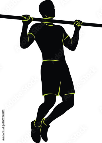Black silhouette of a man doing pullups on a bar with neon green outlines