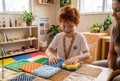 Boy with autism exploring sensory textures