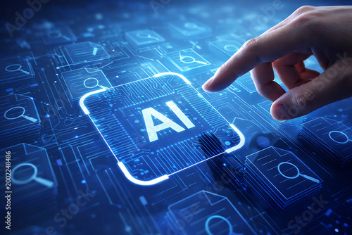 Human hand interacts with a glowing AI button on a futuristic digital interface, symbolizing advanced intelligence and future technology