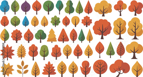 Mega Collection of Autumn Foliage and Forest Tree Icons Set Featuring Colorful Deciduous Leaves and Seasonal Shapes Isolated on White Background