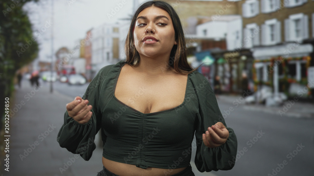 Fototapeta premium Woman plus size speaks and gestures with hands, cleavage visible, wearing green top on a busy street lined with shops and buildings; confidence.