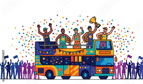 Basketball team celebrating on parade bus with confetti and cheering fans around. Festive city scene. Concept of championship victory celebration and public triumph