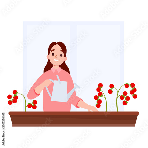 Woman Watering Tomato Plants on balcony garden