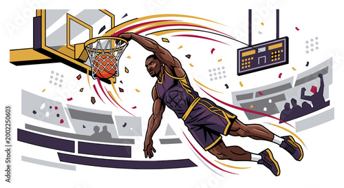 Powerful basketball player performing explosive dunk in packed arena with dramatic motion trails and confetti. Highlight moment. Concept of dominance athleticism and victory energy