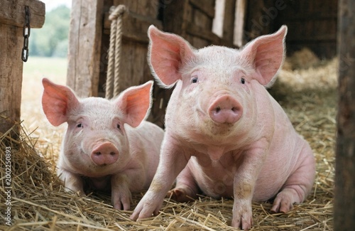 Pink pig in a warm farm environment