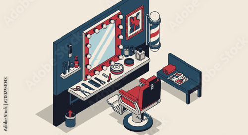 Isometric Illustration of a Classic Barber Shop Interior with Styling Tools and Barber Chair