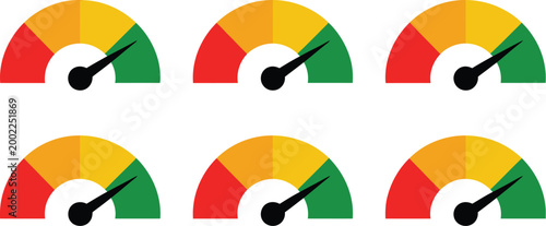 Speedometer gauge icon set, six meters with different needle positions representing speed levels performance measurement and dashboard indicator design.