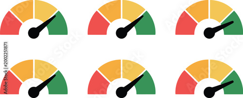 Speedometer gauge icon set, vector illustration of six dial gauges with varied needle positions for speed monitoring performance tracking and UI dashboard design.