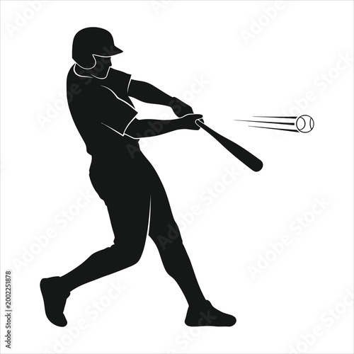 Dynamic baseball player swinging bat and hitting ball silhouette
