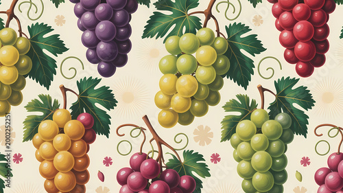 A vibrant summer pattern featuring colorful seedless grapes arranged in decorative clusters across t