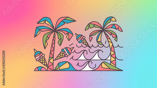 A vibrant vector illustration featuring a tropical beach party scene rendered in colorful geometric