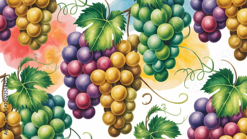A vibrant watercolor illustration of a colorful summer pattern featuring clusters of seedless grapes