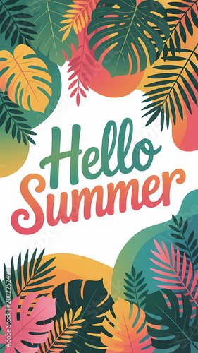 A vibrant abstract illustration featuring exotic tropical foliage in a summer panoramic design.
