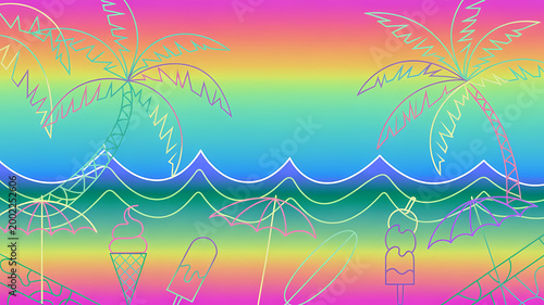 A vibrant vector illustration of a tropical beach party scene rendered in colorful geometric line ar
