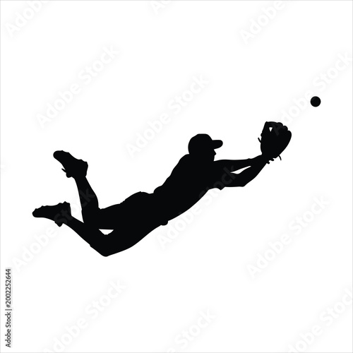 Outfielder making a spectacular diving catch baseball silhouette