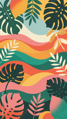 A vibrant abstract illustration showcasing a panoramic summer landscape with exotic tropical foliage