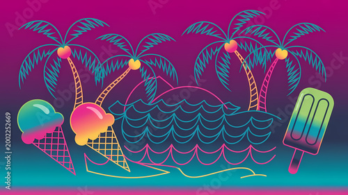 A vibrant vector illustration combining tropical beach elements with geometric line art in a bold su