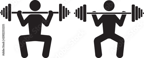 Stick figures squatting with barbells weight lifting exercise.