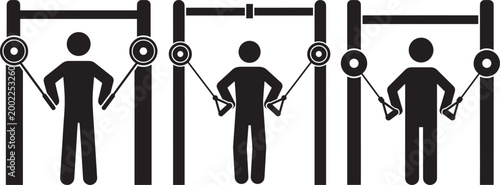 Stick figures using cable machine for gym workout fitness.