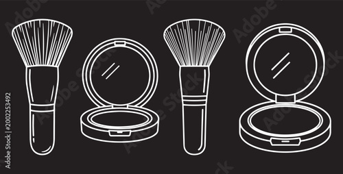 Makeup brushes and compact powder cases black and white line art.