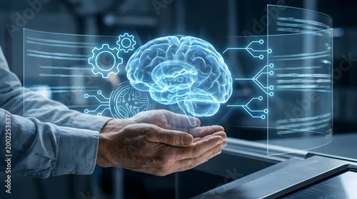 Human brain hologram floating over hands in futuristic digital setting