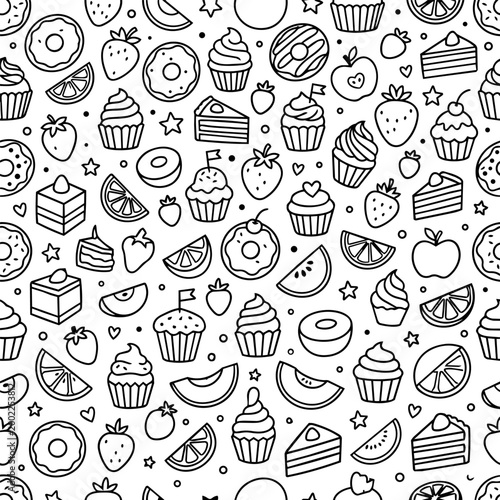 Seamless doodle pattern with sweet desserts ice cream cakes and fruit slices