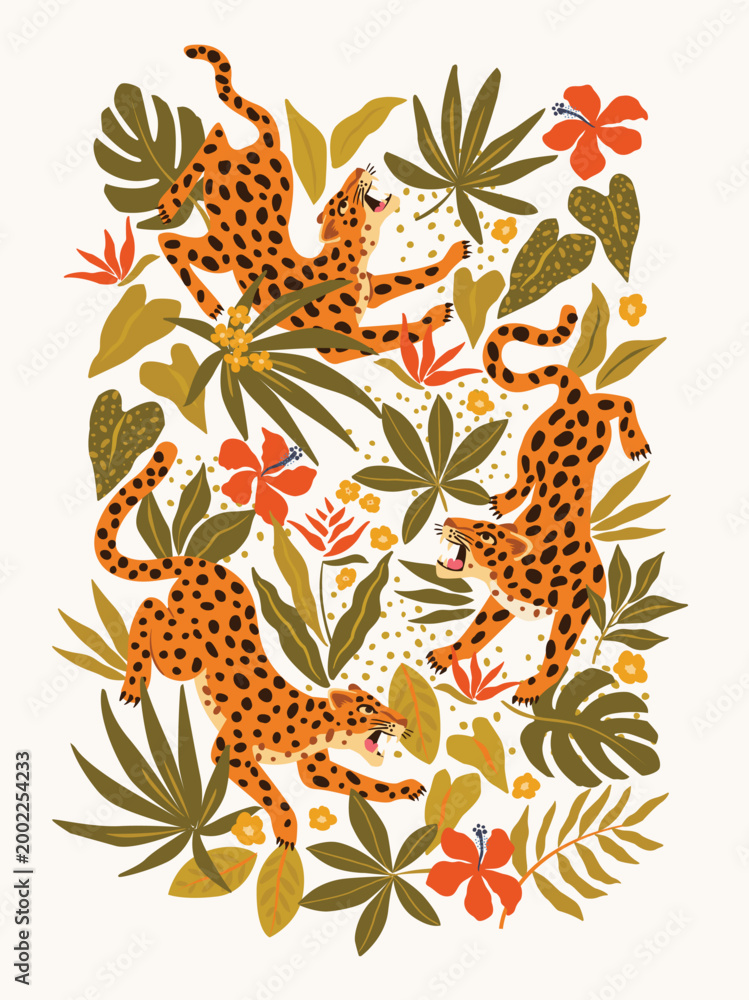 Naklejka premium Leopards in different poses cartoon illustration set. Seamless pattern with leopards or jaguars with tropical leaves and plants isolated on white background. Wild animal, cat, jungle concept.