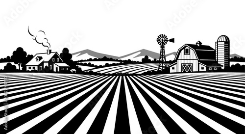 Classic American farm scene with barn, windmill, and cultivated fields