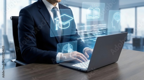 Businessman typing on laptop with digital education graduation hologram