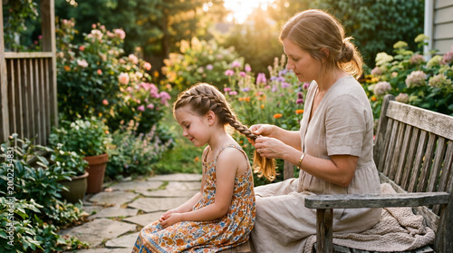 Mother braiding daughter’s hair while sitting on garden bench at sunset  