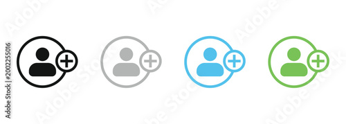 Add user icon set. Person profile avatar with plus, add account symbol. Vector illustration for friend request and community join