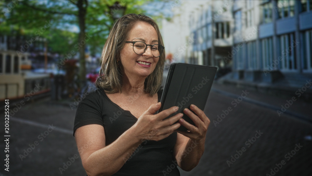Fototapeta premium Woman holding tablet and smiling while reading on a street lined with buildings and canal boats; joyful connection.
