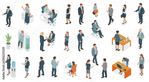 Isometric business people in office settings and interactions teamwork