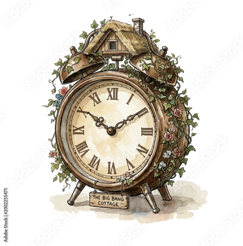 Cottagecore watercolor painting vintage old clock with vine climbing all over, vector art
